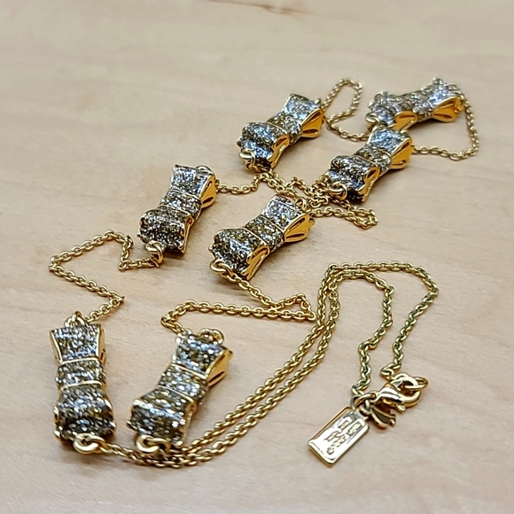 $158 Kate Spade "TAKE A BOW" Gold Stations XL Necklace w Cubic Zirconia Bows! - Picture 2 of 14